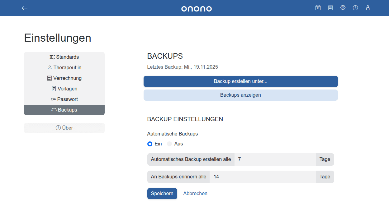 Screenshot von onono - Backups