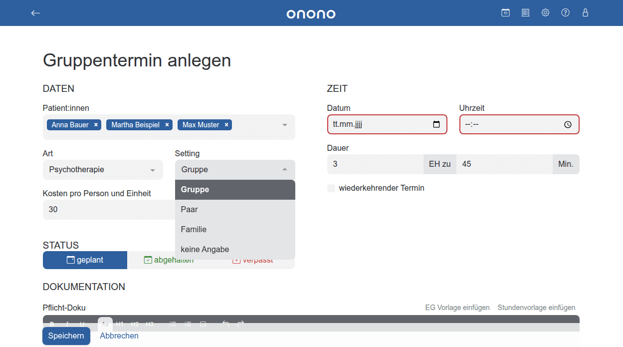 Screenshot von onono - Gruppentermine
