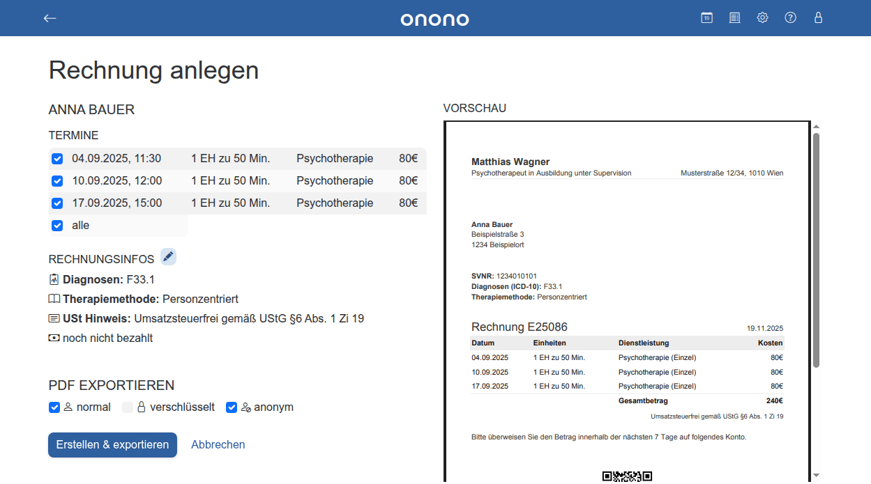 Screenshot von onono - Rechnung erstellen