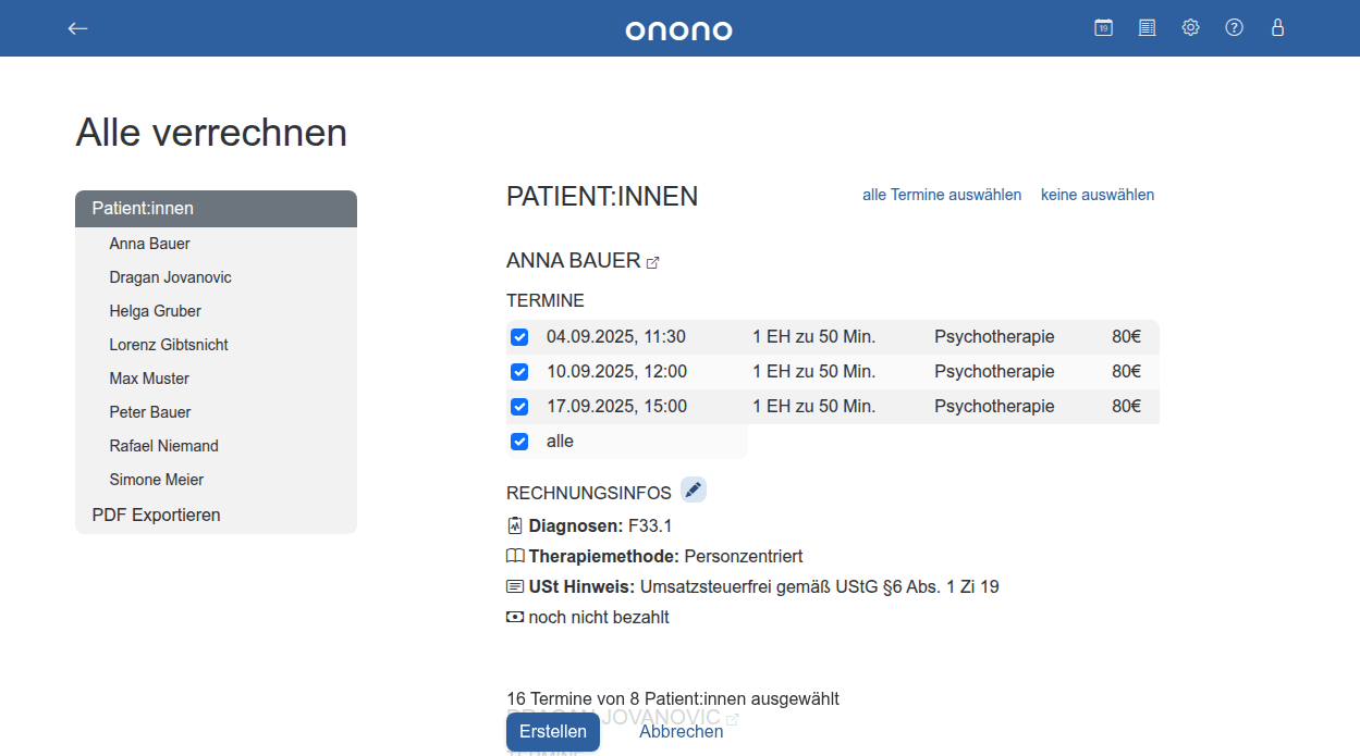 Screenshot von onono - Monatsverrechnung