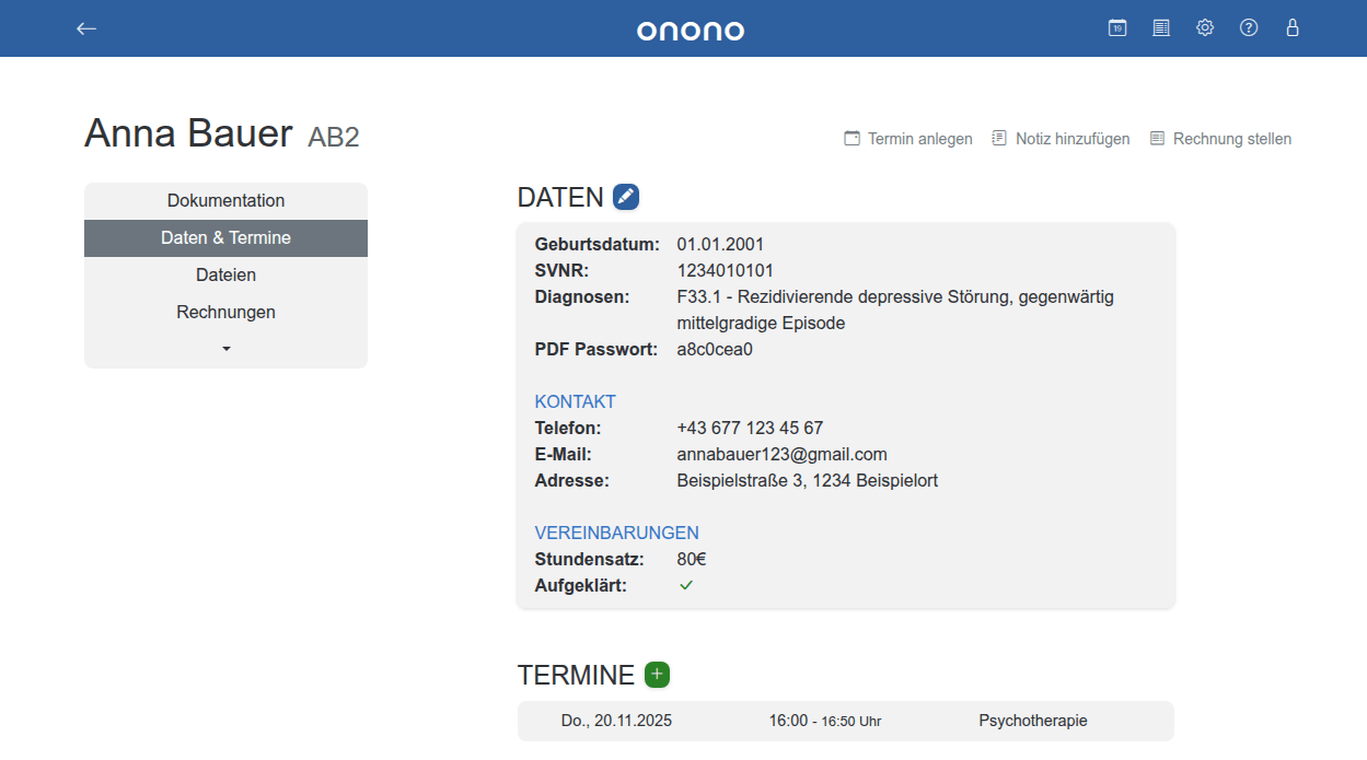 Screenshot von onono - Patient:innenansicht