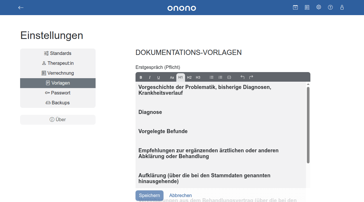 Screenshot von onono - Vorlagen